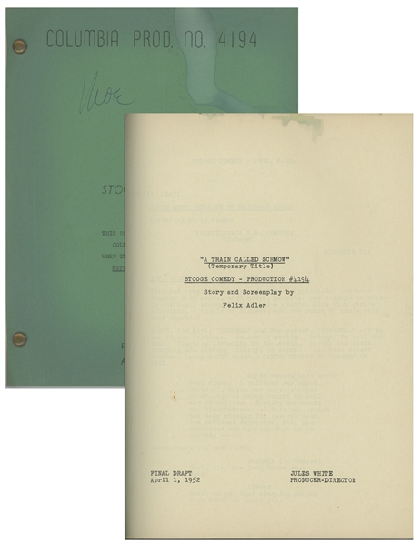 Moe Howards 21pp. Script Dated April 1952 for The Three Stooges Film Cuckoo on a Choo Choo, Working Title A Train Called Schmow -- Signed by Moe on Cover -- Mild Dampstaining, Else Near Fine